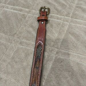 LEEGIN genuine leather size 30 belt pheasant feather inlay solid brass buckle
